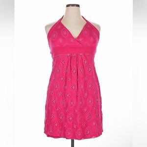 Y2K Vanity Hot Pink Eyelet Halter Mini Dress XL Empire Coquette Feminine Easter